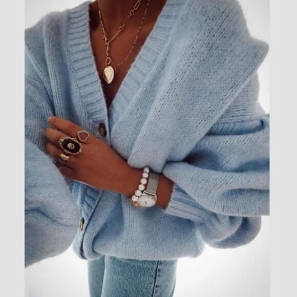 Zara Alpaca Wool Hair Oversized Balloon Sleeve Cardigan Sweater Blue Size Medium - Picture 2 of 8